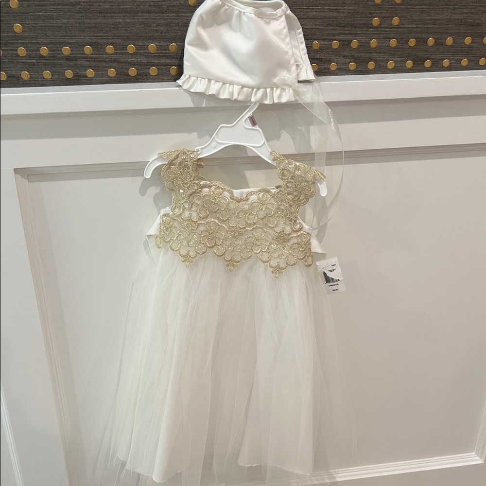 Elegant White and Gold Baby Dress with Bonnet
